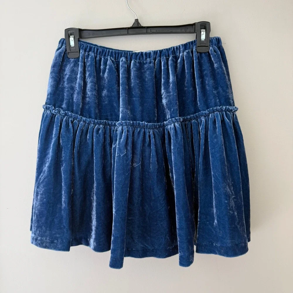 Mini Boden Girls Blue Velvet Tiered Ruffle‎ Mini Skirt Size 13-14Y Holiday Party